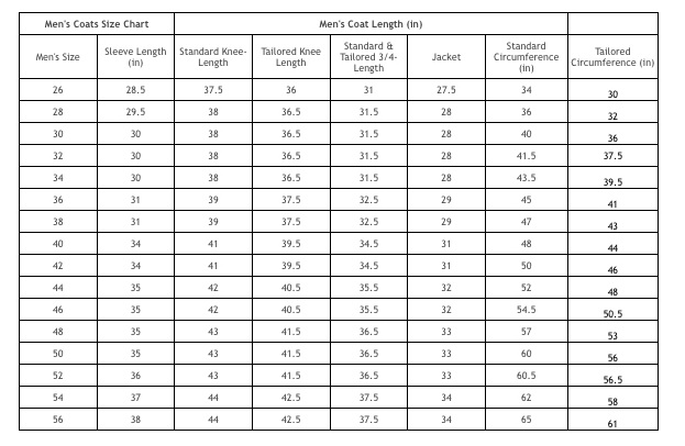 Women's jacket outlet size chart